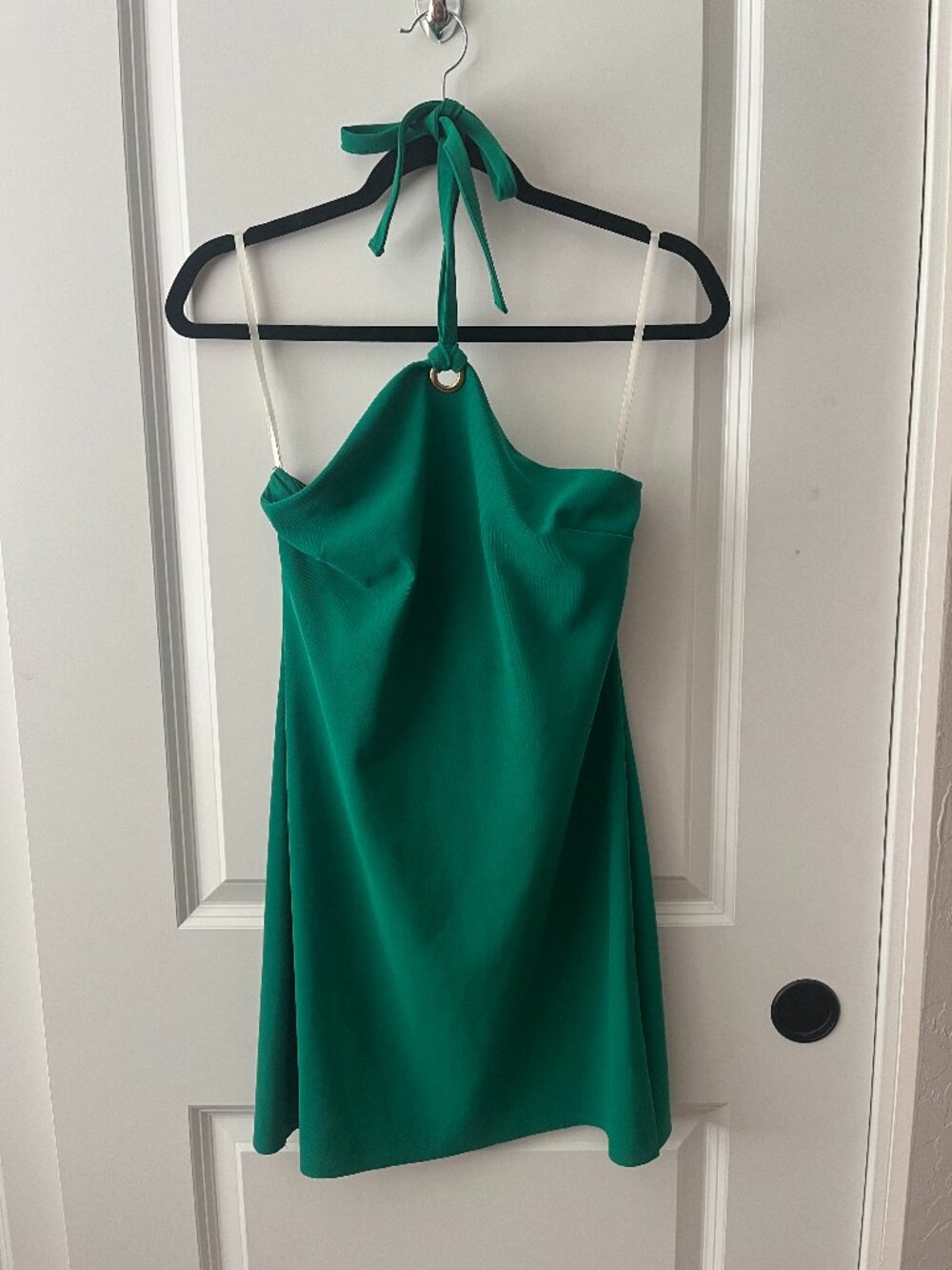 Emerald Green Halter Mini Dress Open Back Gold Ring Detail Party Dress